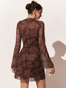 Poéselle Women's Dark Brown Floral Mini Dress With Stand Collar Straight Shoulders Flared Sleeves Slim Fit All-Over Floral Print For Autumn Night Out - Red Violet - View 5