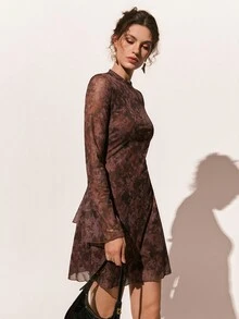 Poéselle Women's Dark Brown Floral Mini Dress With Stand Collar Straight Shoulders Flared Sleeves Slim Fit All-Over Floral Print For Autumn Night Out - Red Violet - View 7