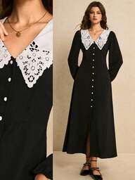 Poéselle Robe longue élégante vintage française pour femme, col à revers ajouré, manches longues, simple boutonnage, coloris contrastés noir et blanc, automne, brunch et tea party