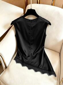 Ritzy Row Satin Sleeveless Lace Asymmetrical Hem Top With Cowl Neck - Black - View 2