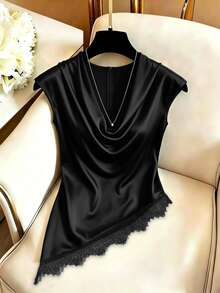 Ritzy Row Satin Sleeveless Lace Asymmetrical Hem Top With Cowl Neck - Black - View 3