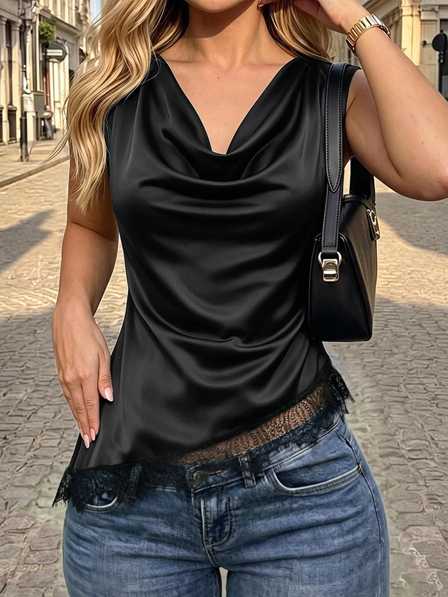 Ritzy Row Satin Sleeveless Lace Asymmetrical Hem Top With Cowl Neck - Black - View 1