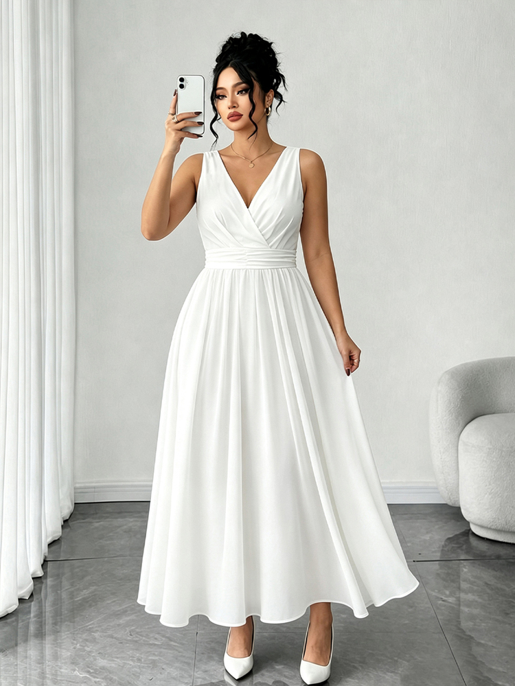 Elenzga Plus Size White Shirred Sleeveless Back Shirred Waist Flare Midi Dress - White - View 4