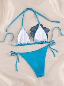 Sirith Fashionable Beachwear Women's New Sexy Sequin Flower Spaghetti Strap Tie Side Bikini Set, Suitable For Summer Vacation - Blue - View 2