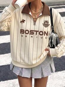 SHEIN Sparklyn 青少年女孩休閒條紋基本款拉鍊連帽衛衣，內裡刷毛，可愛簡約針織寬鬆短版花卉秋季上衣 - 彩色 - 查看 5