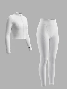 Sweetra Women's Solid Color Zip-Up Long Sleeve Top And Leggings Casual Daily Sports Set - White - View 3