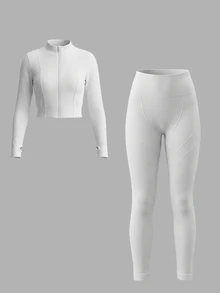 Sweetra Women's Solid Color Zip-Up Long Sleeve Top And Leggings Casual Daily Sports Set - White - View 1