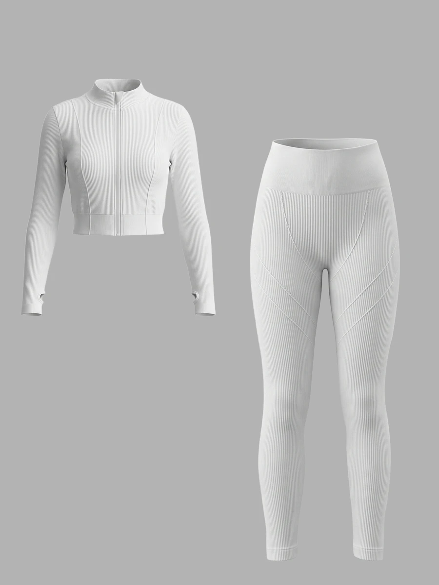 Sweetra Women's Solid Color Zip-Up Long Sleeve Top And Leggings Casual Daily Sports Set - White - View 1