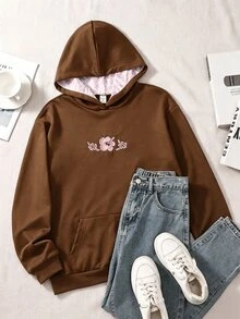 青少年女孩休閒時尚可愛粉色花卉刺繡套頭運動衫 - 棕色 - 查看 7