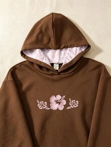 青少年女孩休閒時尚可愛粉色花卉刺繡套頭運動衫 - 棕色 - 查看 4