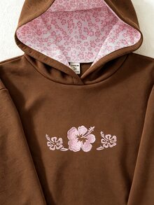 青少年女孩休閒時尚可愛粉色花卉刺繡套頭運動衫 - 棕色 - 查看 3