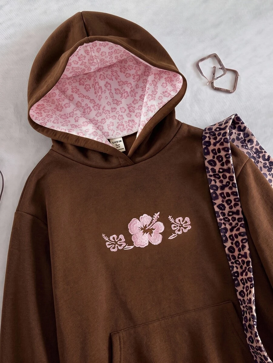 青少年女孩休閒時尚可愛粉色花卉刺繡套頭運動衫 - 棕色 - 查看 1