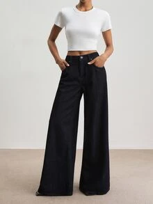 ATUI Studio Fall/Winter Casual Business Women's Casual Mid-Rise Washed Dark Blue Wide-Leg Jeans - Dark Wash - View 2