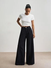 ATUI Studio Fall/Winter Casual Business Women's Casual Mid-Rise Washed Dark Blue Wide-Leg Jeans - Dark Wash - View 3