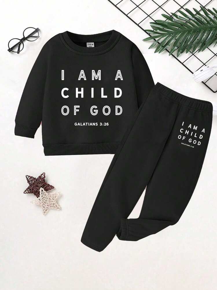 Toddler Boys Casual Basic Athletic Fashion Creative Simple Refreshing Slogan Graphic Print Hoodie And Sweatpants Set White Autumn - Black - View 4