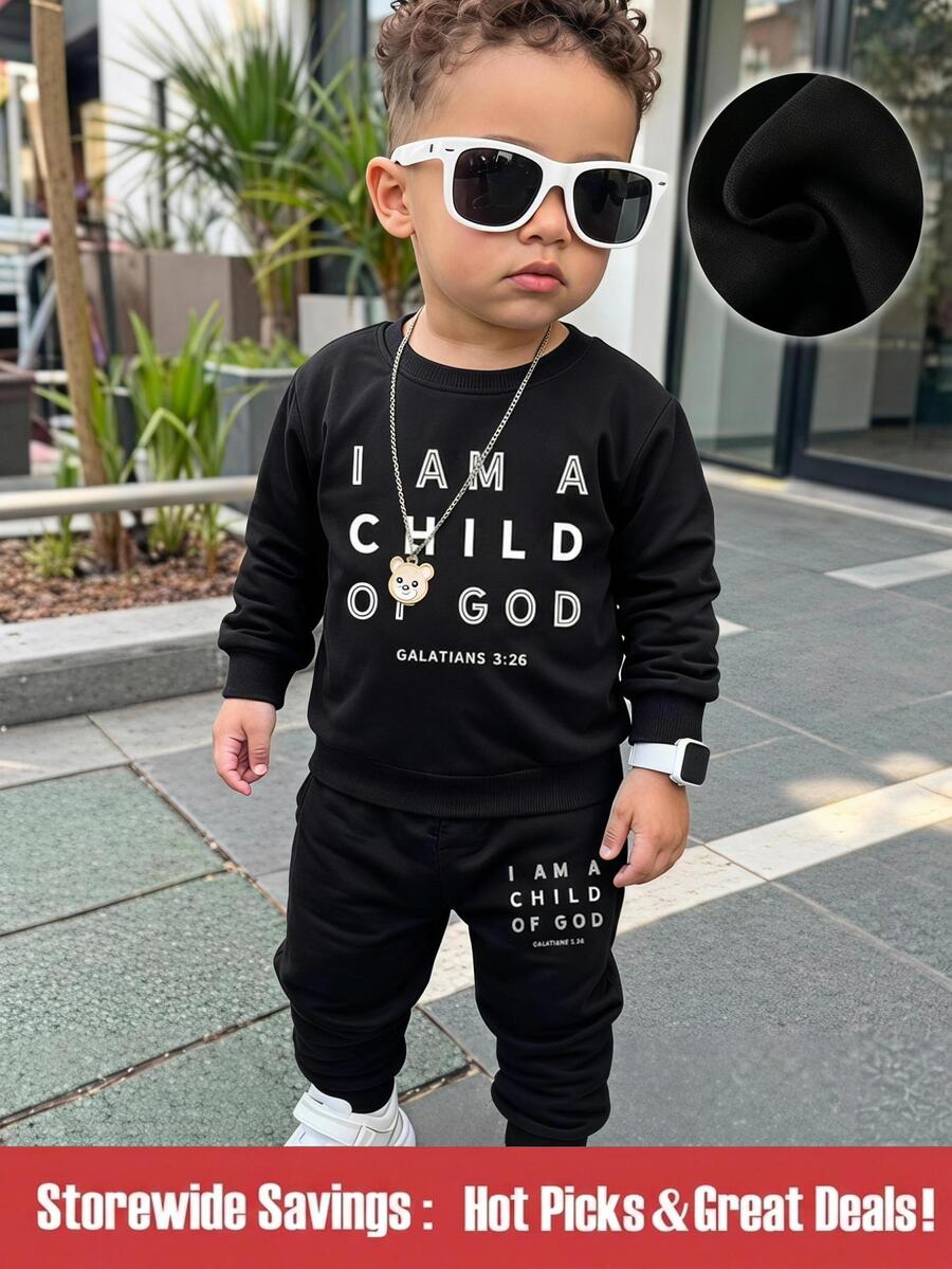 幼儿男童休闲时尚创意简约清爽口号图案印花连帽衫和运动裤套装,适合秋冬季 - 黑色 - 查看 1