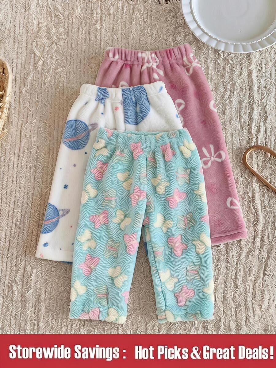 SHEIN Playful Pals 3件組幼女毛絨長褲 可愛甜美 粉色薄荷色 蝴蝶結蝴蝶星球印花 直筒褲腿 加厚 生日派對 冬季聖誕假期 絨毛