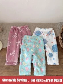 SHEIN Playful Pals 3件組幼女毛絨長褲 可愛甜美 粉色薄荷色 蝴蝶結蝴蝶星球印花 直筒褲腿 加厚 生日派對 冬季聖誕假期 絨毛 - 彩色 - 查看 3