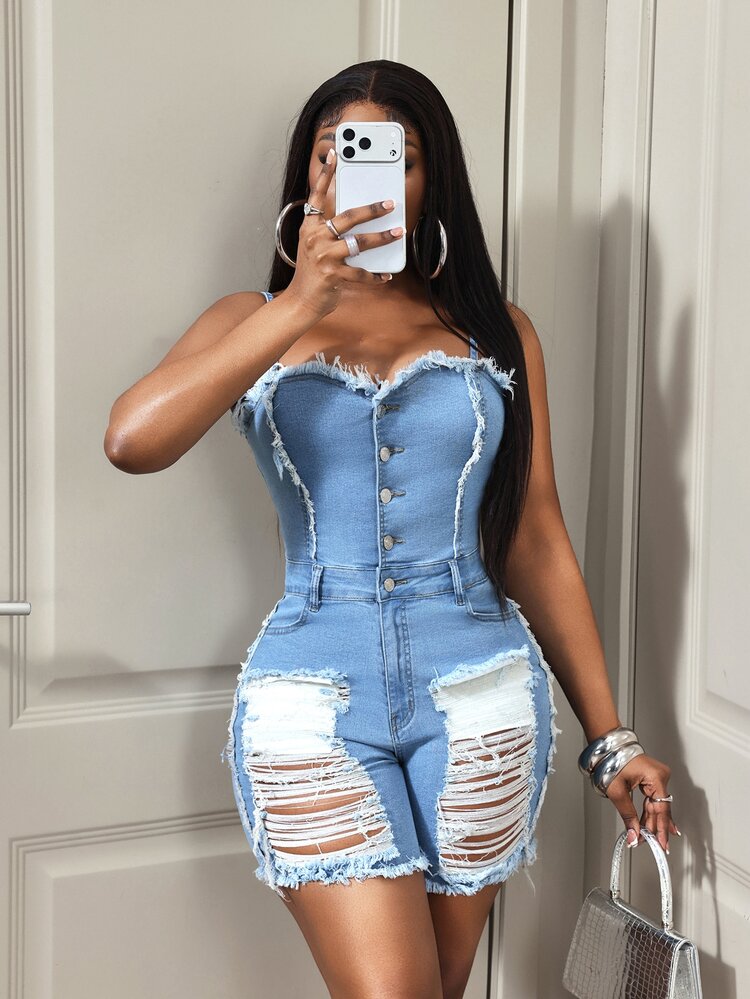 BamGleam Women's Distressed Fitted Denim Romper Night Club Light Blue Summer Sexy - Light Wash - View 1
