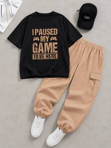 Coolqubz Teenager 2pcs Spring/Summer Crew Neck Simple Casual Printed T-Shirt & Cuffed Pants Set, Suitable For Daily Commute And Outdoor Wear - Apricot - View 3