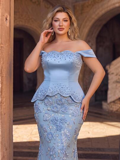 Glamrae Plus Size Elegant Luxurious Blue Beaded Embroidery 3D Floral Patchwork Satin Off-Shoulder Off-Shoulder Fitted Mermaid Hem Evening Gown, Computer Beaded Craft, Suitable For Evening Party, Date, Ball, Vacation, Wedding, Event, Guest Dress