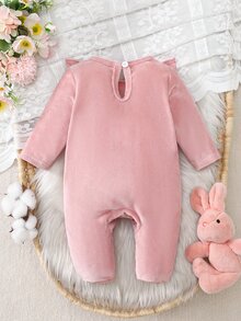 SHEIN 1件裝秋冬毛絨粉色可愛荷葉邊單面抓毛長袖長版連身居家服，適合女嬰 - 粉色 - 查看 3