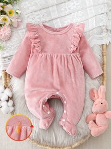 SHEIN 1件裝秋冬毛絨粉色可愛荷葉邊單面抓毛長袖長版連身居家服，適合女嬰 - 粉色 - 查看 2