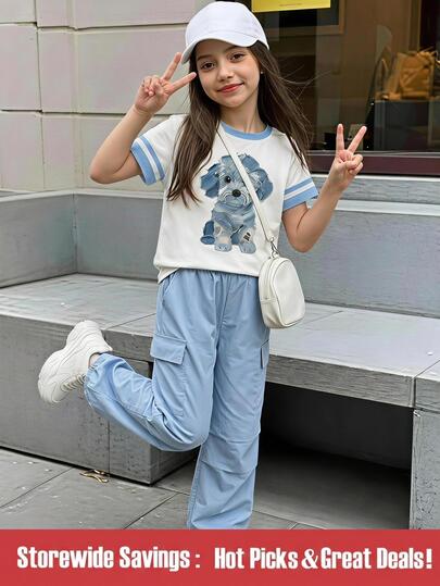 SHEIN 2 件套女孩休闲 K-Pop 卡通人物图案印花粉色运动衫和黑色紧身裤套装，秋冬装，非常适合 K-Pop 粉丝和日常穿着