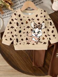 2pcs/Set Baby Girl Cute Rabbit Leopard Print Casual Basic Sweatshirt And Leggings Set, Suitable For Autumn/Winter Back-To-School Vacation Beige Brown - Multicolor - View 3