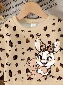 2pcs/Set Baby Girl Cute Rabbit Leopard Print Casual Basic Sweatshirt And Leggings Set, Suitable For Autumn/Winter Back-To-School Vacation Beige Brown - Multicolor - View 4