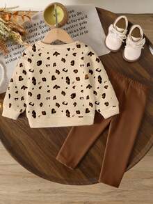 2pcs/Set Baby Girl Cute Rabbit Leopard Print Casual Basic Sweatshirt And Leggings Set, Suitable For Autumn/Winter Back-To-School Vacation Beige Brown - Multicolor - View 5