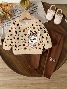 2pcs/Set Baby Girl Cute Rabbit Leopard Print Casual Basic Sweatshirt And Leggings Set, Suitable For Autumn/Winter Back-To-School Vacation Beige Brown - Multicolor - View 2