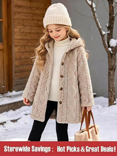 Young Girl' Back-To-School Casual Comfortable Jacquard Diamond Pattern Long Sleeve Hooded Cardigan, Suitable For Outdoor Wear Autumn