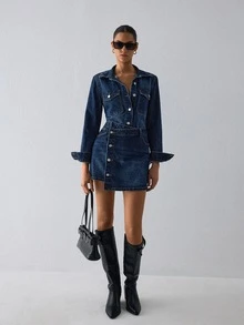 ATUI Studio Autumn/ Casual Streetwear Business Women's Button Long Sleeve Top And Denim Mini Skirt Casual Daily Outfit Everyday Day Time Navy Blue - Blue - View 4
