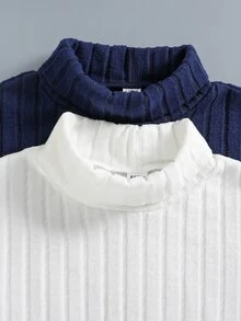 SHEIN 2件装青少年男童字母图案罗纹高领长袖T恤，适合秋季穿着或叠穿 - 彩色 - 查看 4