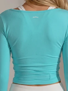 Aralina 女款極簡純色交叉包覆拇指孔運動T恤與背心，健身房運動夏季休閒世界盃球迷穿搭 - 水鴨藍 - 查看 3