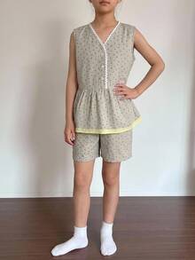 DAZY 青少年女孩秋季服飾 心形圖案滿版印花對比包邊居家休閒套裝 - 綠色 - 查看 5