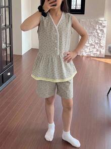 DAZY 青少年女孩秋季服飾 心形圖案滿版印花對比包邊居家休閒套裝 - 綠色 - 查看 3