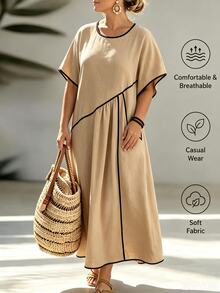 Linhara CURVE Plus Size Women's Color Block Dress, Summer Casual Vacation Long Dress, Loose Round Neck Bohemian Beach Dress, Casual Elegant Ruffle Sleeve Loose Gathered Full Skirt Dress - Khaki - View 2