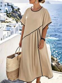 Linhara CURVE Plus Size Women's Color Block Dress, Summer Casual Vacation Long Dress, Loose Round Neck Bohemian Beach Dress, Casual Elegant Ruffle Sleeve Loose Gathered Full Skirt Dress - Khaki - View 7