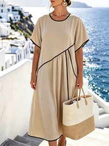 Linhara CURVE Plus Size Women's Color Block Dress, Summer Casual Vacation Long Dress, Loose Round Neck Bohemian Beach Dress, Casual Elegant Ruffle Sleeve Loose Gathered Full Skirt Dress - Khaki - View 3