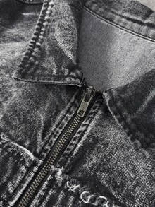 ROMWE MEN Men's Letter Patchwork Zipper Placket Short Sleeve Denim Shirt - Black - View 6