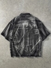 ROMWE MEN Men's Letter Patchwork Zipper Placket Short Sleeve Denim Shirt - Black - View 3