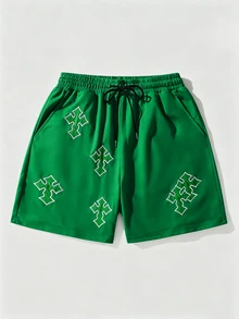 ROMWE MEN Prep Pantalones cortos casuales de verano para hombre con bordado cruzado - Verde - Ver 1