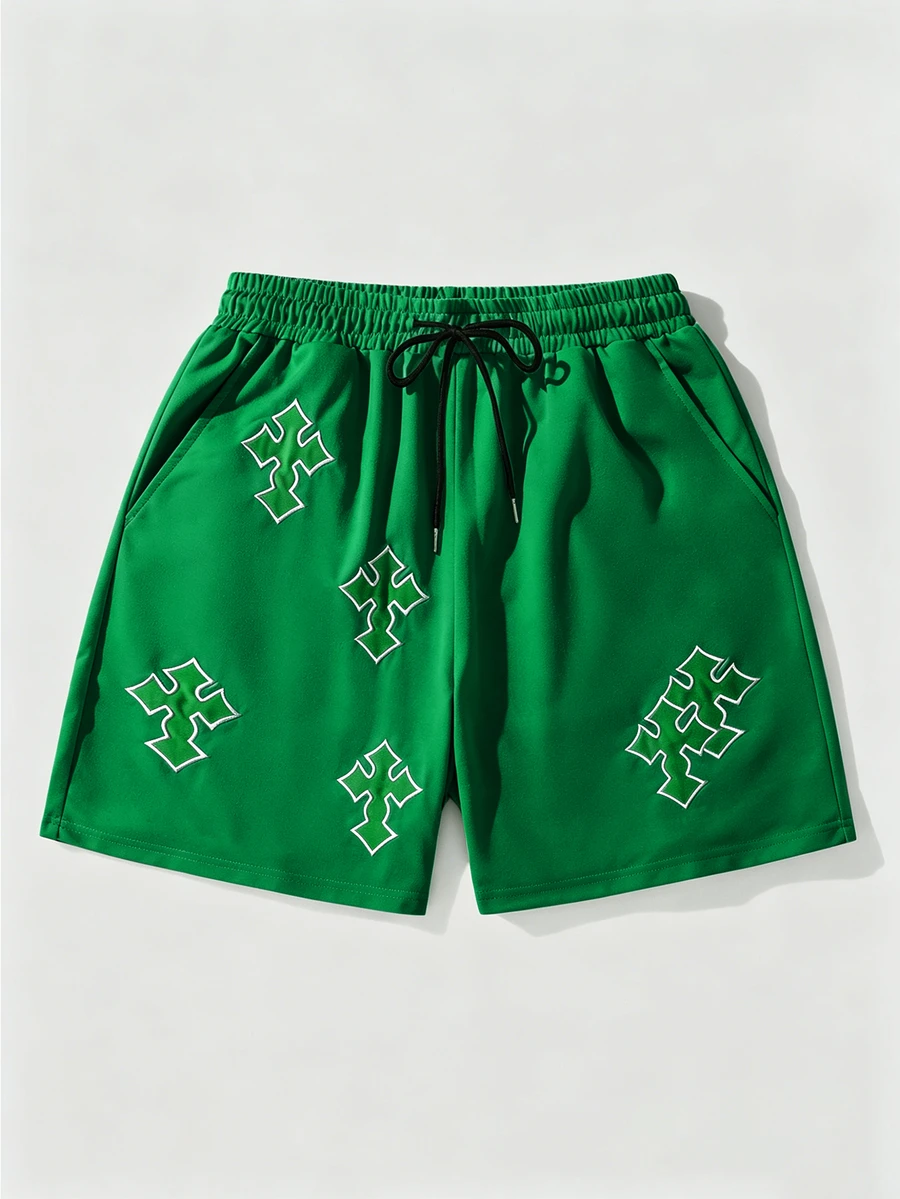 ROMWE MEN Prep Pantalones cortos casuales de verano para hombre con bordado cruzado - Verde - Ver 1