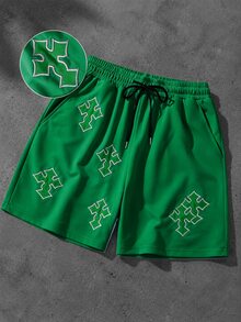 ROMWE MEN Prep Pantalones cortos casuales de verano para hombre con bordado cruzado - Verde - Ver 5