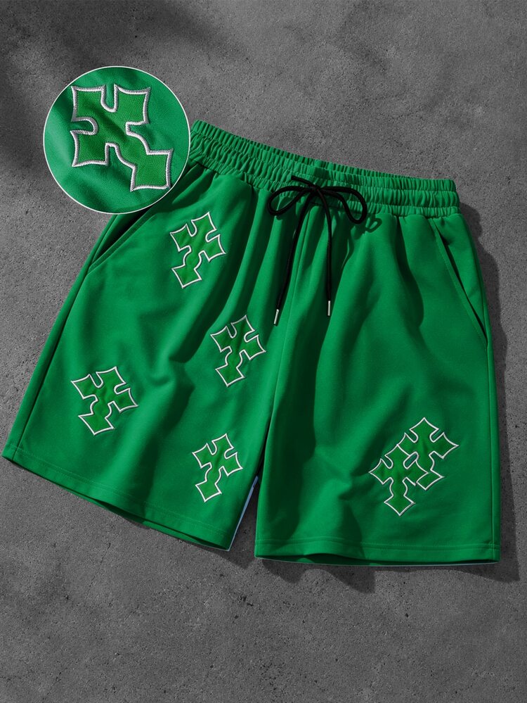 ROMWE MEN Prep Men's Summer Casual Cross Embroidery Shorts - Green - View 5
