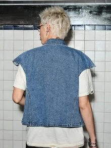 ROMWE MEN Grunge Punk Men's Pointed Collar Single-Breasted Casual Asymmetric Denim Vest - Blue - View 3