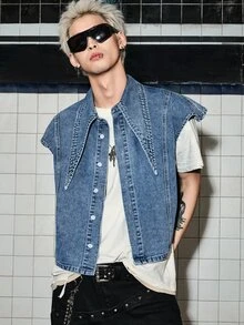 ROMWE MEN Grunge Punk Men's Pointed Collar Single-Breasted Casual Asymmetric Denim Vest - Blue - View 8
