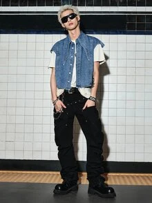 ROMWE MEN Grunge Punk Men's Pointed Collar Single-Breasted Casual Asymmetric Denim Vest - Blue - View 6